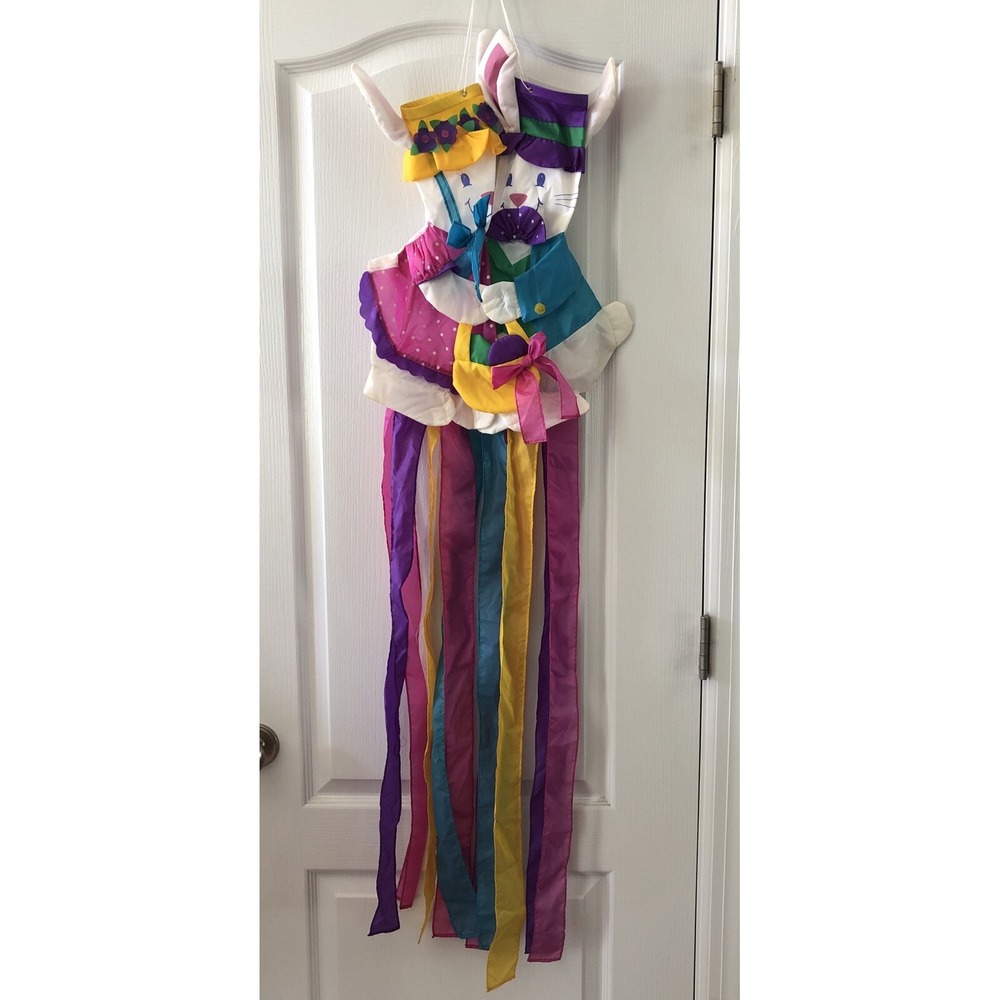 Vintage 1996 3D Lillian Vernon Easter Bunnies Windsock Bright Colors EUC